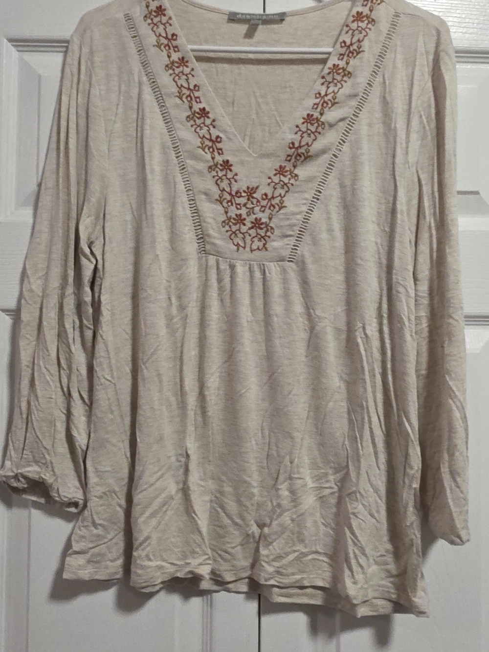 Daniel Rainn Cream V-Neck Tunic with Rust Floral Embroidery